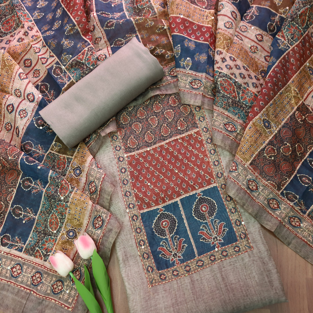Laavanya Skylit Grey Printed Yoke with Kantha Work Chanderi Set