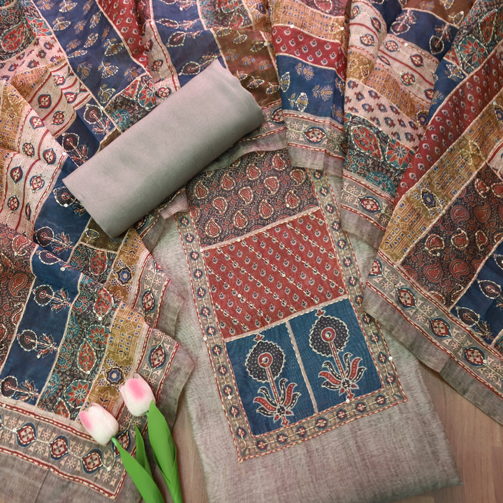 Laavanya Skylit Grey Printed Yoke with Kantha Work Chanderi Set
