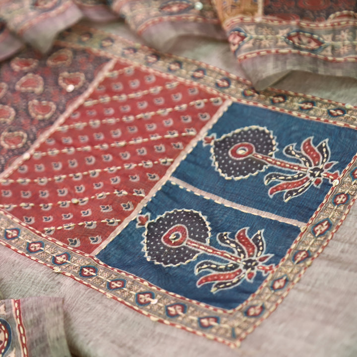 Laavanya Skylit Grey Printed Yoke with Kantha Work Chanderi Set