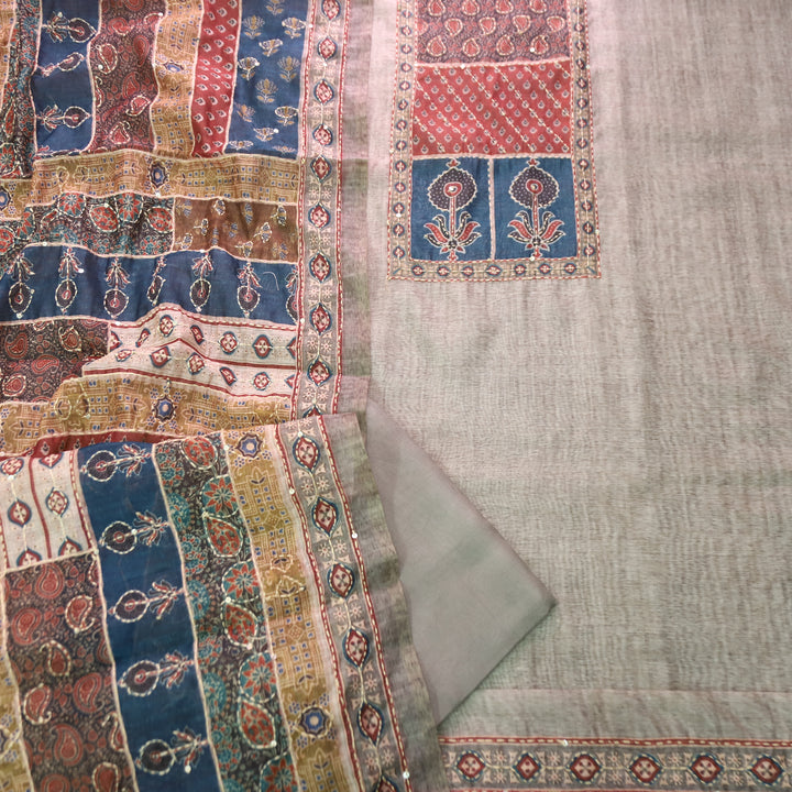 Laavanya Skylit Grey Printed Yoke with Kantha Work Chanderi Set