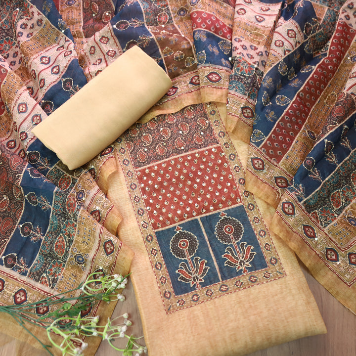 Laavanya Powder Yellow Printed Yoke with Kantha Work Chanderi Set