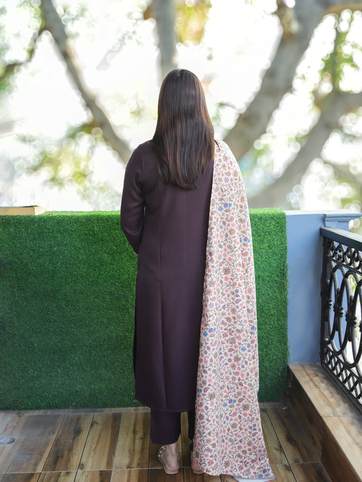 Ravli Dark Brown Round Neck Embroidered Neck Light Semi Pashmina 3 Piece Set