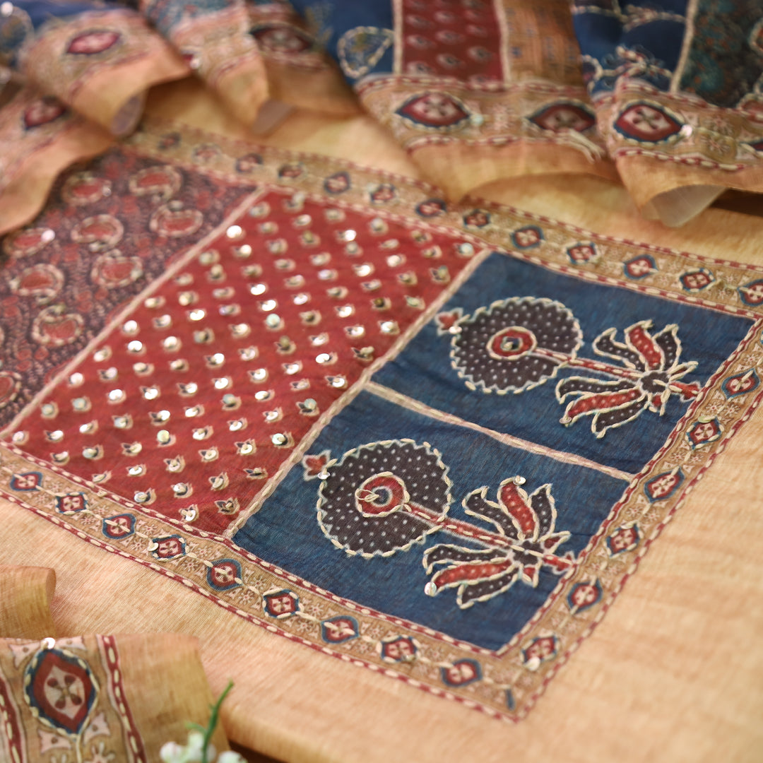 Laavanya Powder Yellow Printed Yoke with Kantha Work Chanderi Set