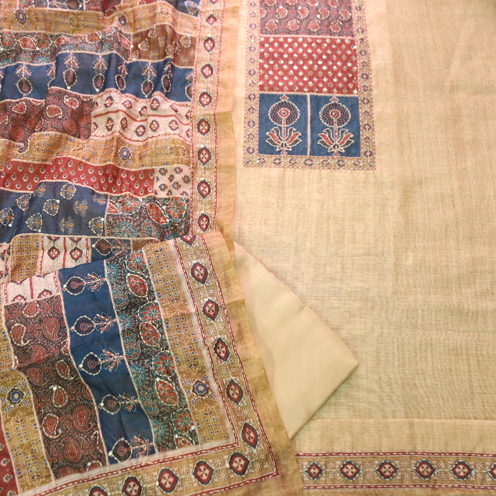 Laavanya Powder Yellow Printed Yoke with Kantha Work Chanderi Set