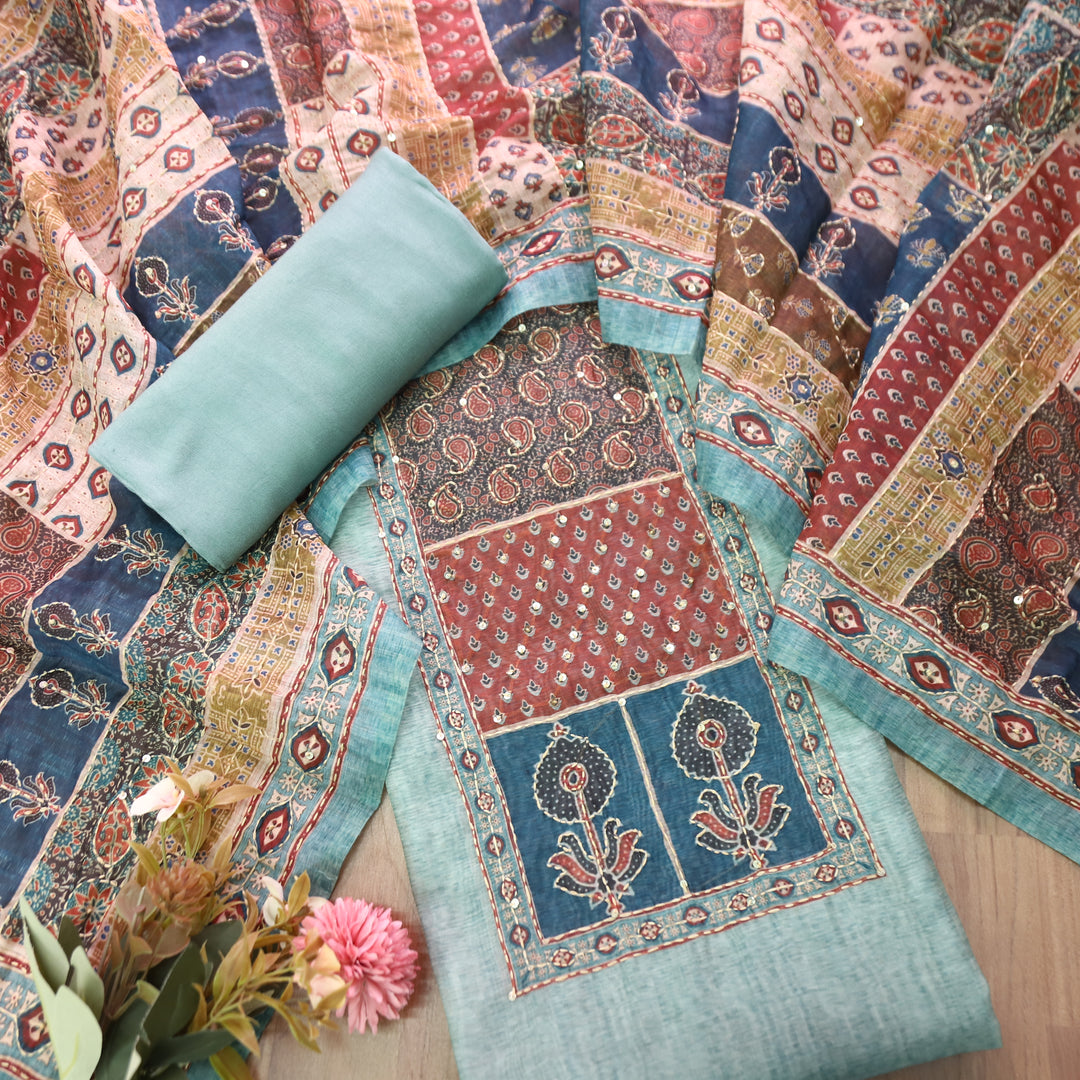 Laavanya Aqua Blue Printed Yoke with Kantha Work Chanderi Set