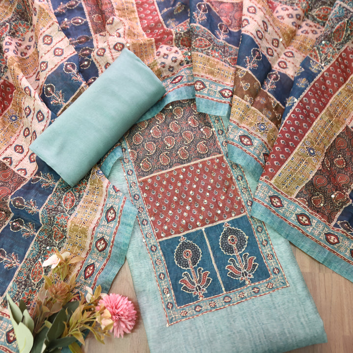 Laavanya Aqua Blue Printed Yoke with Kantha Work Chanderi Set