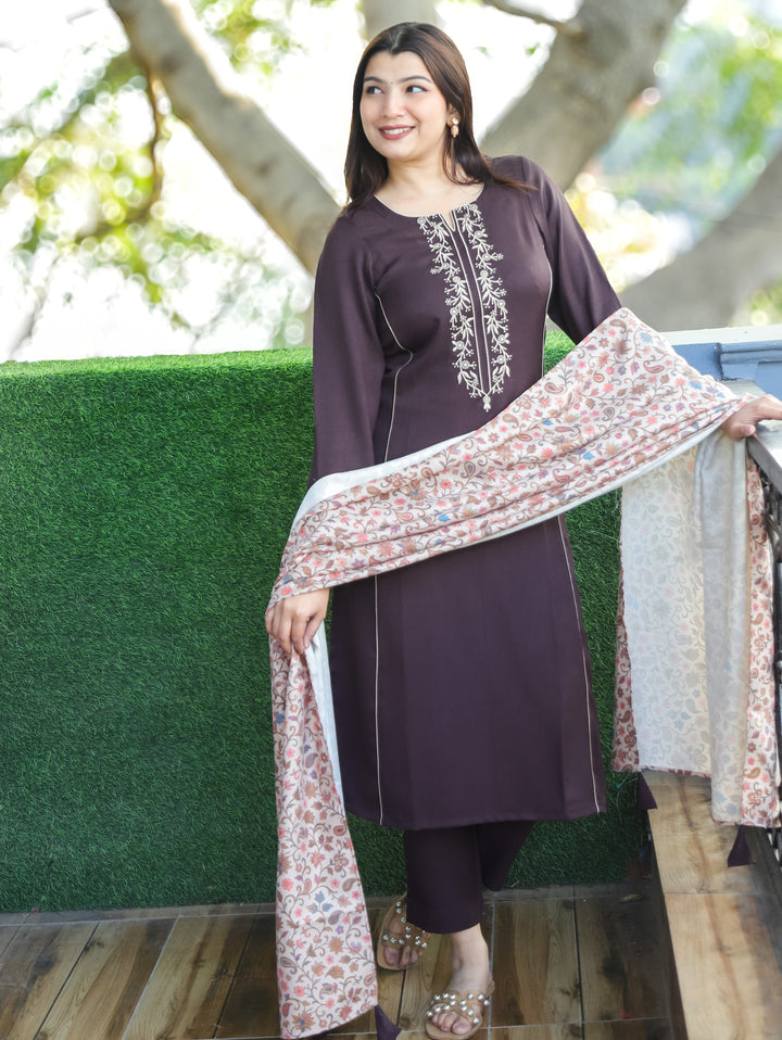 Ravli Dark Brown Round Neck Embroidered Neck Light Semi Pashmina 3 Piece Set