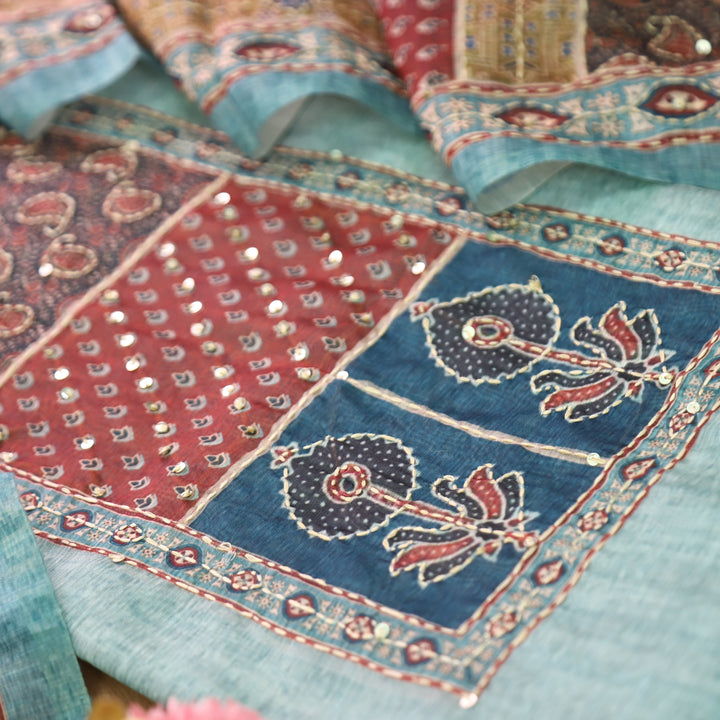 Laavanya Aqua Blue Printed Yoke with Kantha Work Chanderi Set