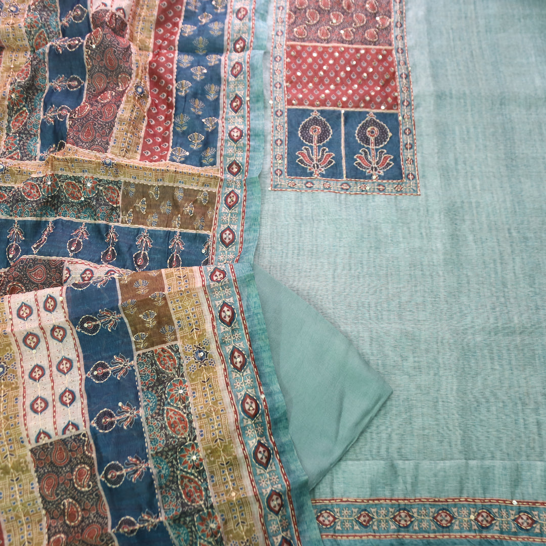 Laavanya Aqua Blue Printed Yoke with Kantha Work Chanderi Set