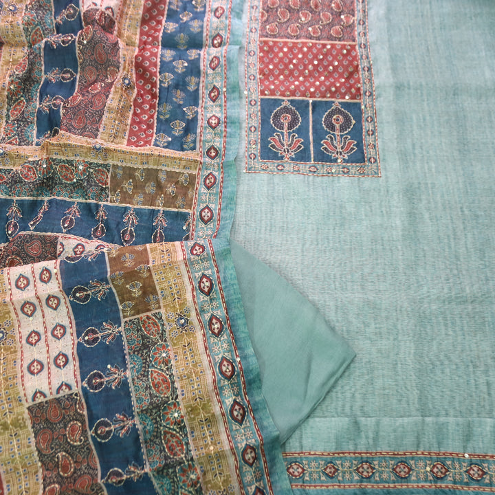Laavanya Aqua Blue Printed Yoke with Kantha Work Chanderi Set