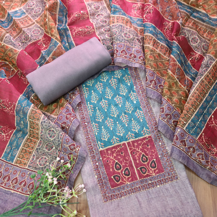 Bhumi Frosty Lilac Ajrakh Printed Yoke with Kantha Work Chanderi Set