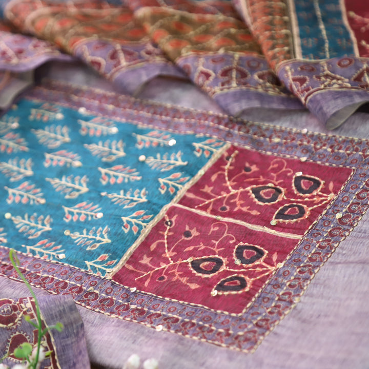 Bhumi Frosty Lilac Ajrakh Printed Yoke with Kantha Work Chanderi Set
