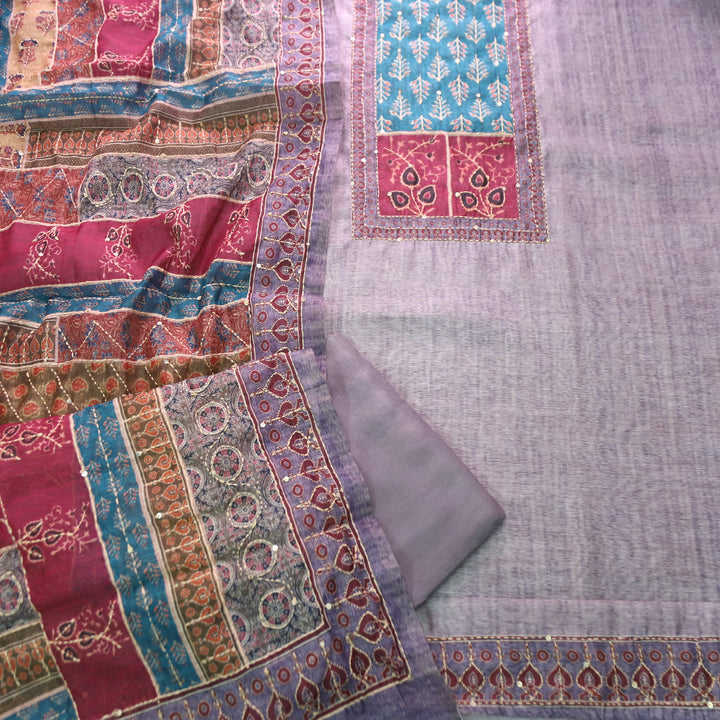 Bhumi Frosty Lilac Ajrakh Printed Yoke with Kantha Work Chanderi Set