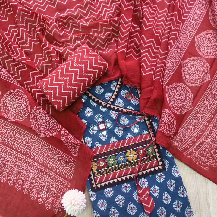 Sukhmani Denim Blue Mirror Work Ajrak Printed Angrakha Cotton Suit Set