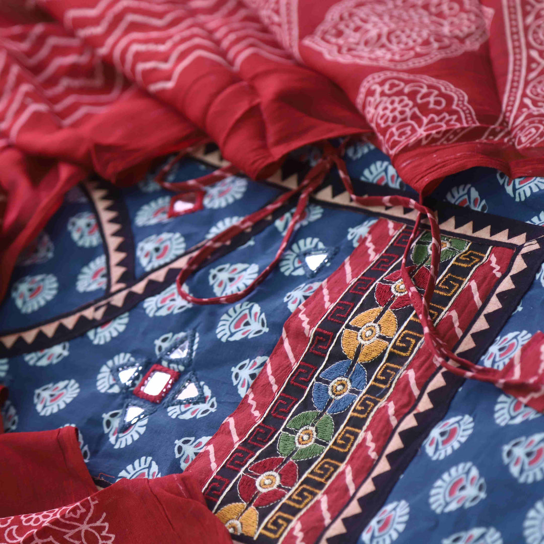 Sukhmani Denim Blue Mirror Work Ajrak Printed Angrakha Cotton Suit Set