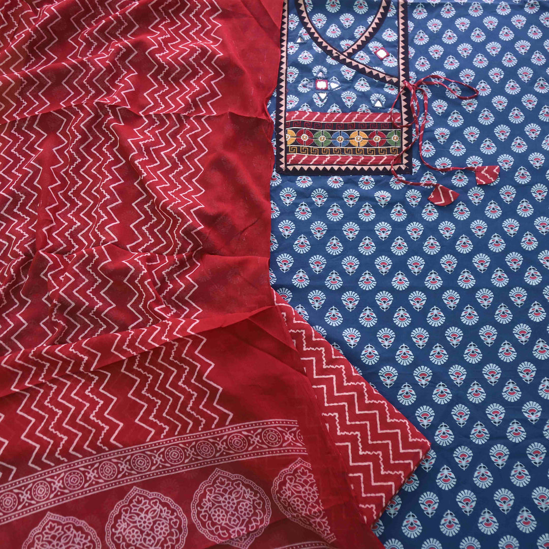 Sukhmani Denim Blue Mirror Work Ajrak Printed Angrakha Cotton Suit Set