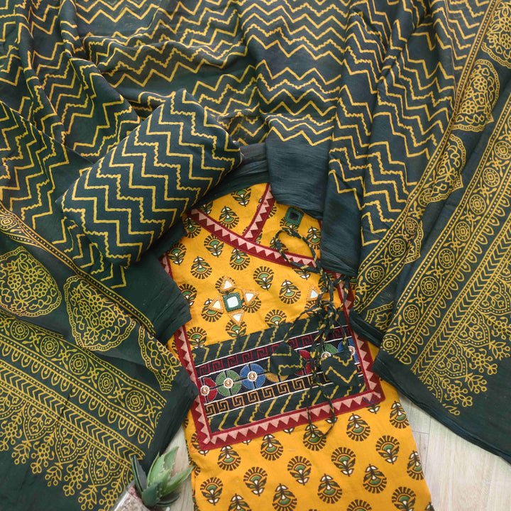 Sukhmani Canary Yellow Mirror Work Ajrak Printed Angrakha Cotton Suit Set