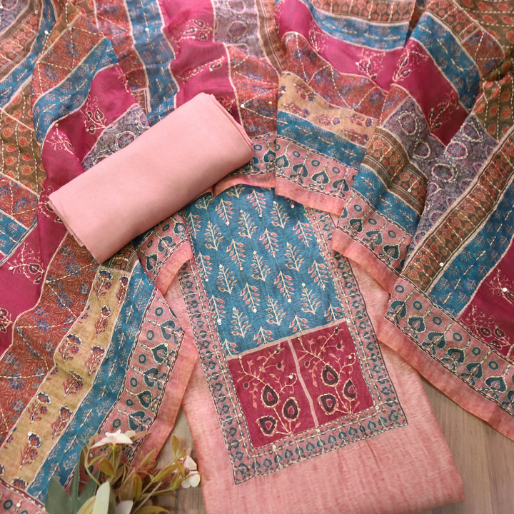 Bhumi Pumpkin Peach Ajrakh Printed Yoke with Kantha Work Chanderi Set