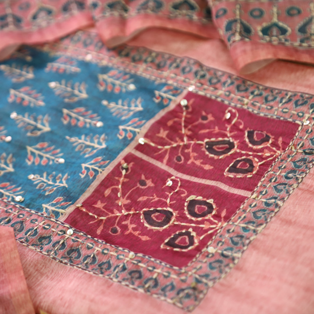 Bhumi Pumpkin Peach Ajrakh Printed Yoke with Kantha Work Chanderi Set