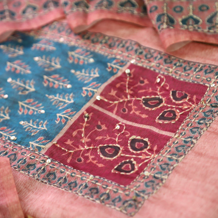 Bhumi Pumpkin Peach Ajrakh Printed Yoke with Kantha Work Chanderi Set