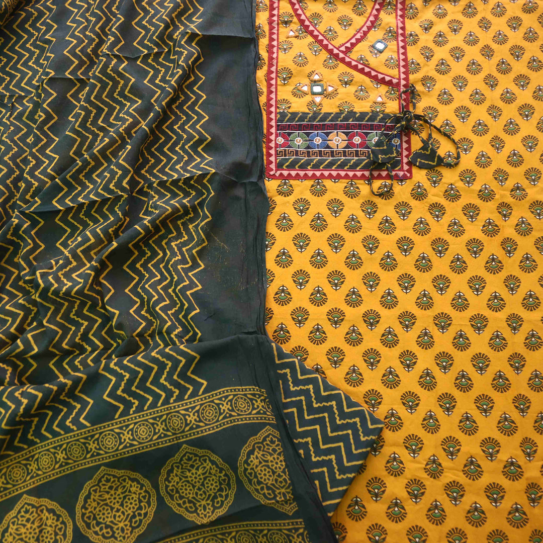 Sukhmani Canary Yellow Mirror Work Ajrak Printed Angrakha Cotton Suit Set