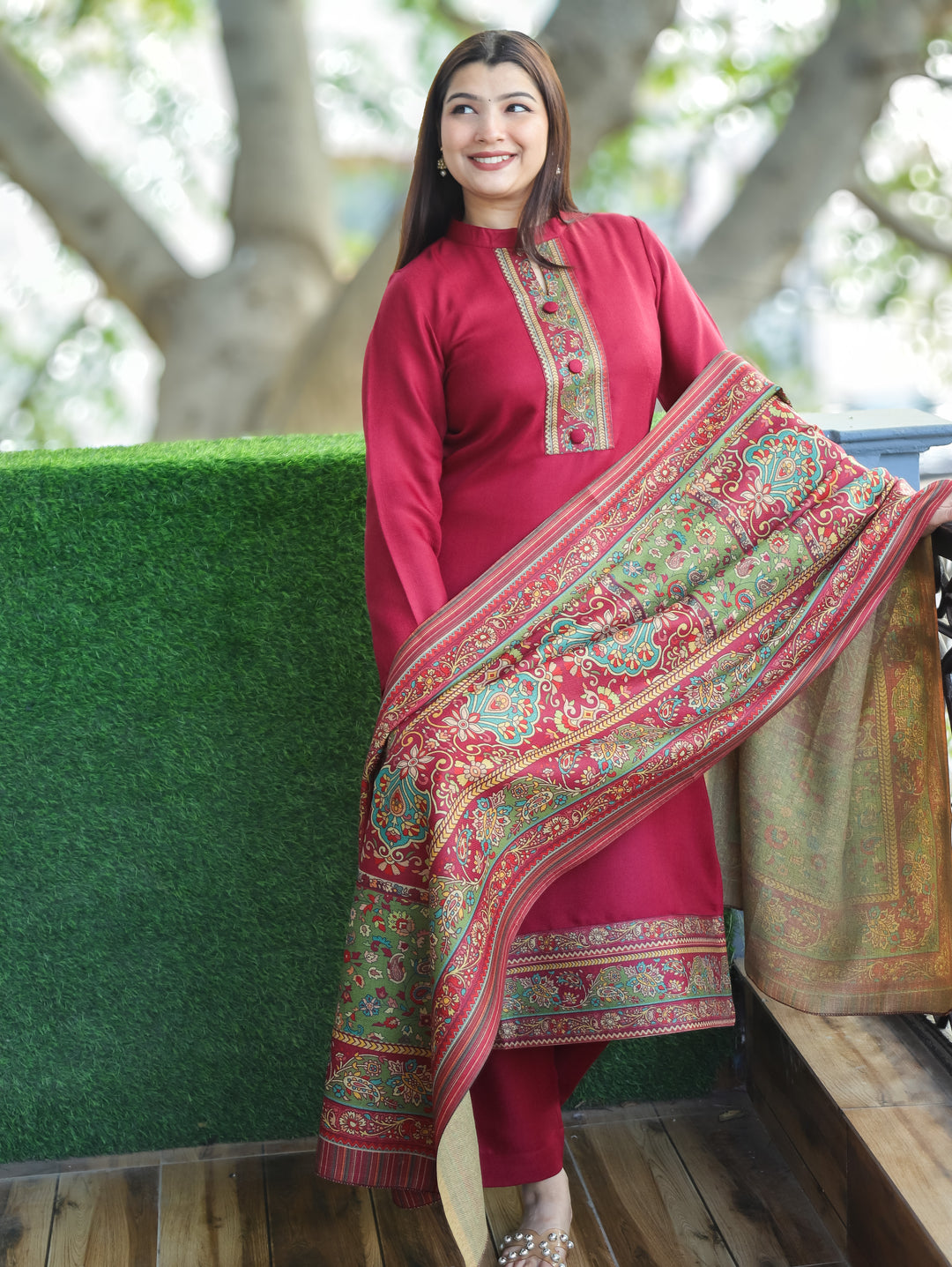 Aarushi Mahogany Wine Ban Collar Button Work Digital Print Winter Semi Pashmina 3 Piece Set