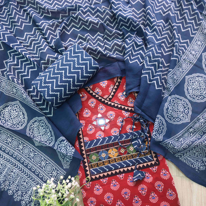 Sukhmani Cherry Red Mirror Work Ajrak Printed Angrakha Cotton Suit Set