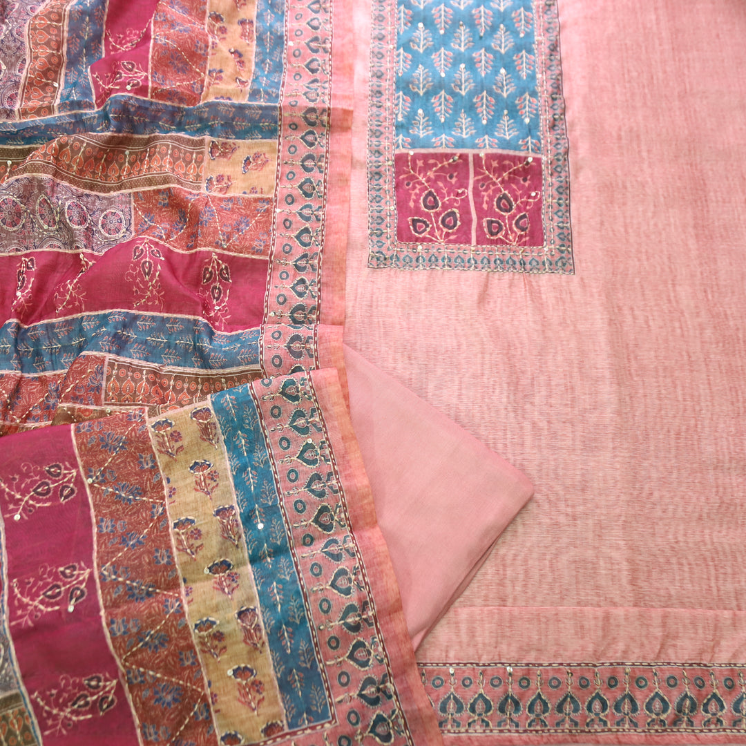 Bhumi Pumpkin Peach Ajrakh Printed Yoke with Kantha Work Chanderi Set