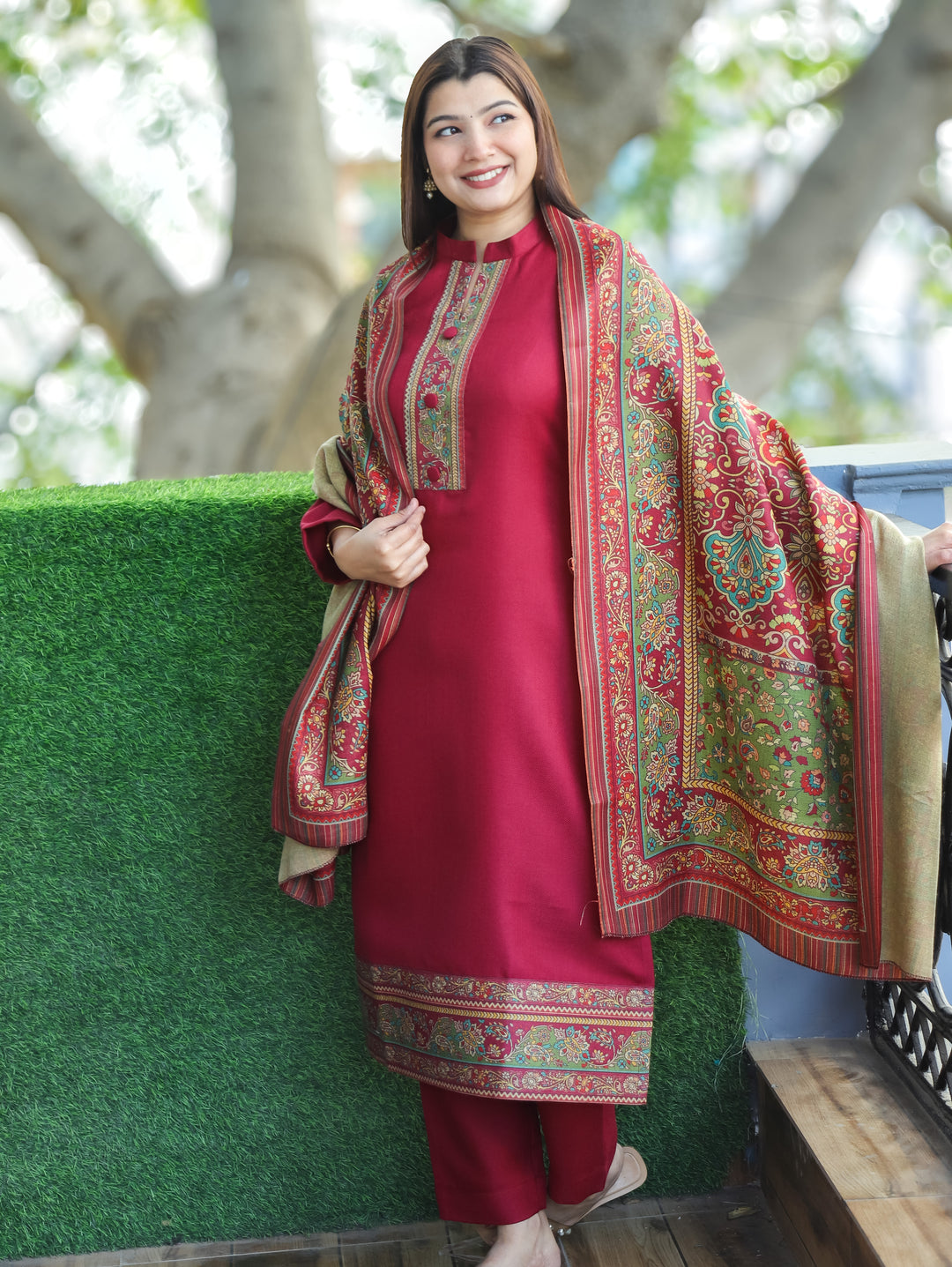 Aarushi Mahogany Wine Ban Collar Button Work Digital Print Winter Semi Pashmina 3 Piece Set