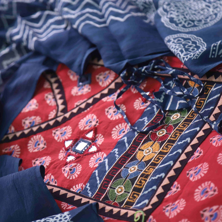 Sukhmani Cherry Red Mirror Work Ajrak Printed Angrakha Cotton Suit Set
