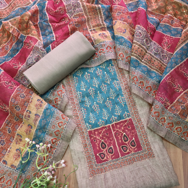Bhumi Hazel Grey Ajrakh Printed Yoke with Kantha Work Chanderi Set
