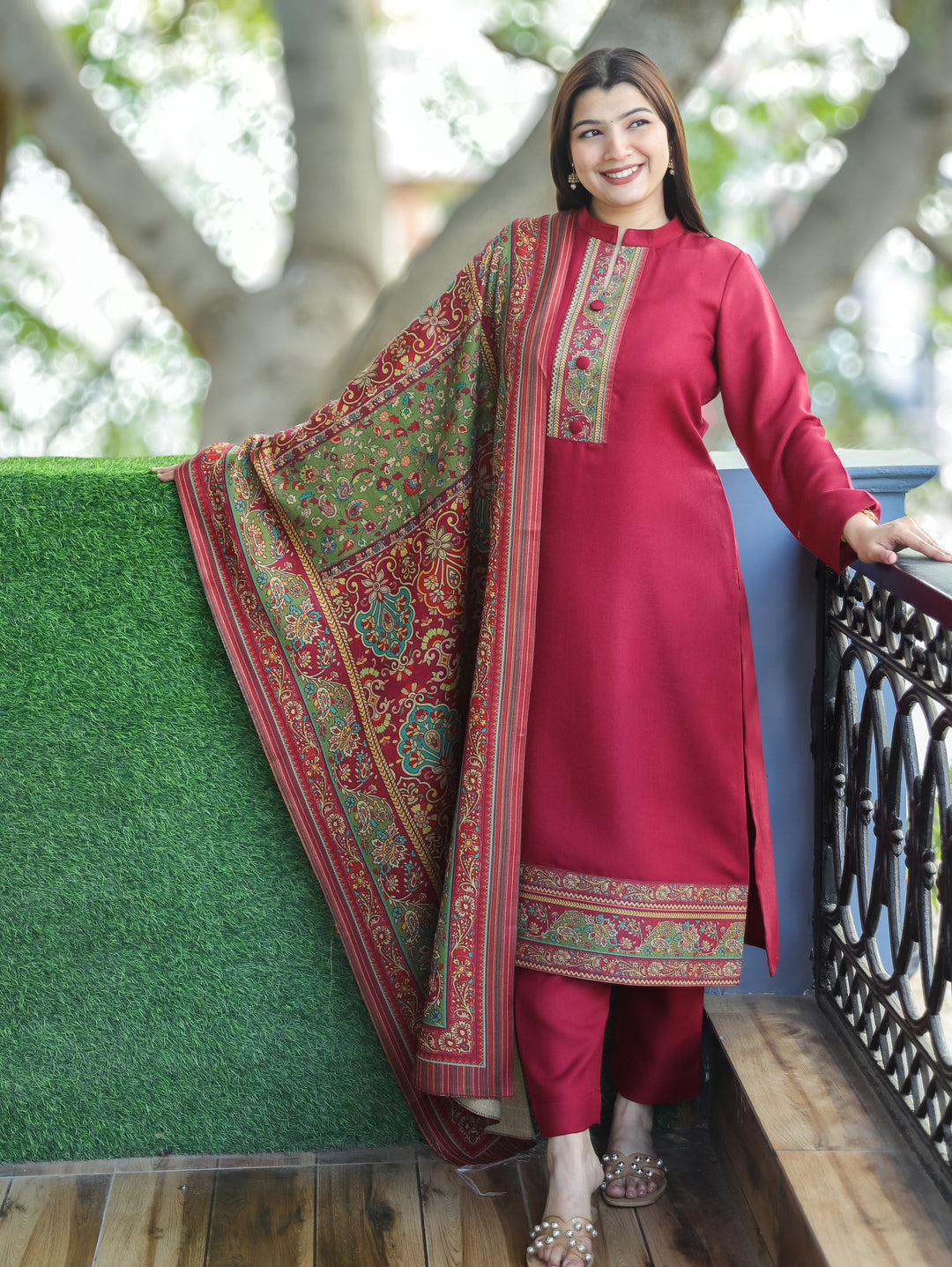Aarushi Mahogany Wine Ban Collar Button Work Digital Print Winter Semi Pashmina 3 Piece Set