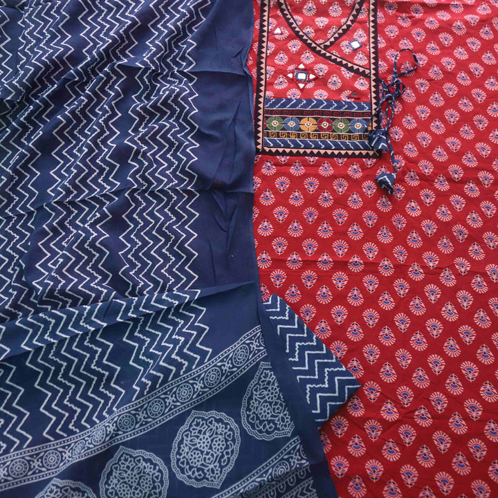 Sukhmani Cherry Red Mirror Work Ajrak Printed Angrakha Cotton Suit Set