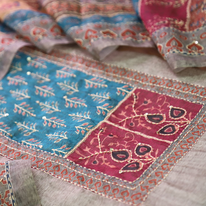 Bhumi Hazel Grey Ajrakh Printed Yoke with Kantha Work Chanderi Set