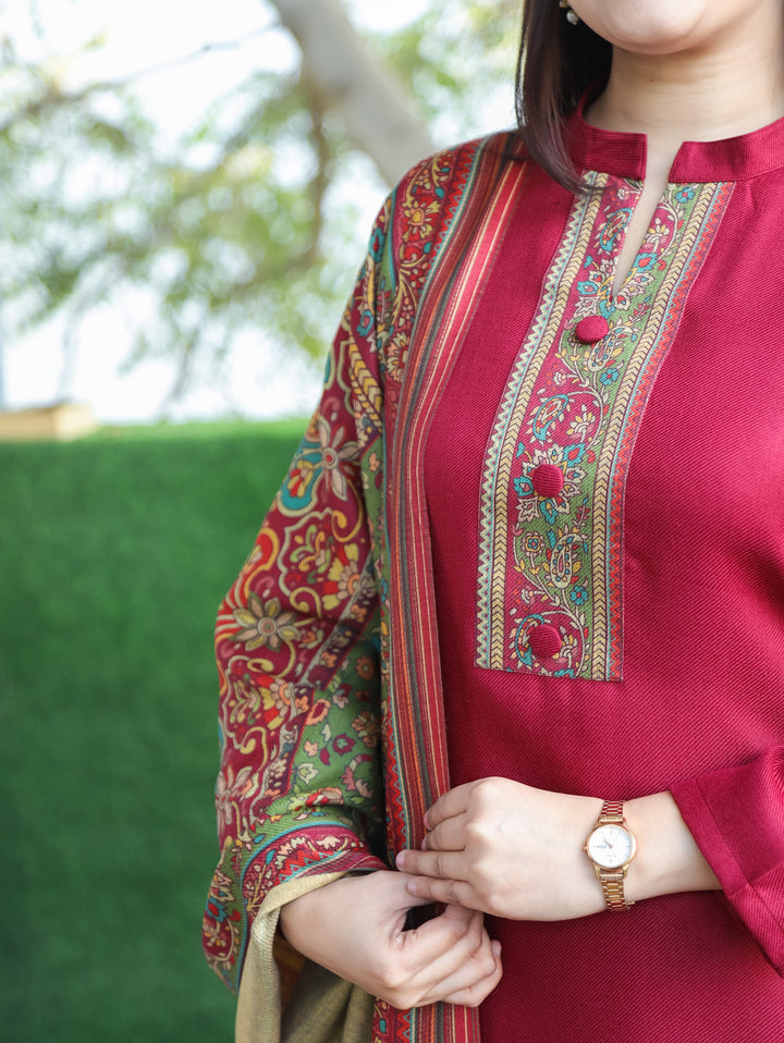 Aarushi Mahogany Wine Ban Collar Button Work Digital Print Winter Semi Pashmina 3 Piece Set