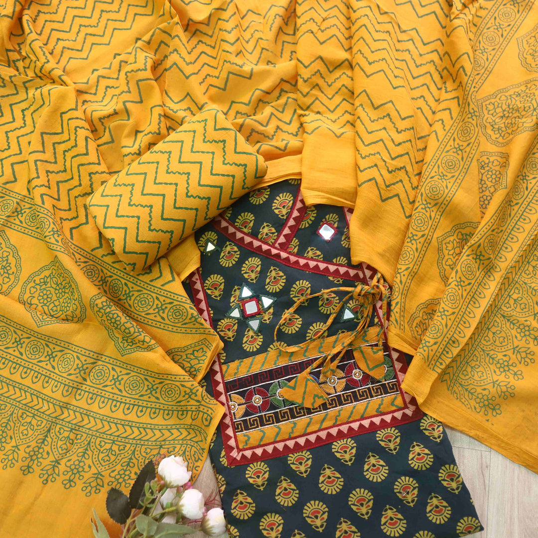 Sukhmani Dark Green Mirror Work Ajrak Printed Angrakha Cotton Suit Set