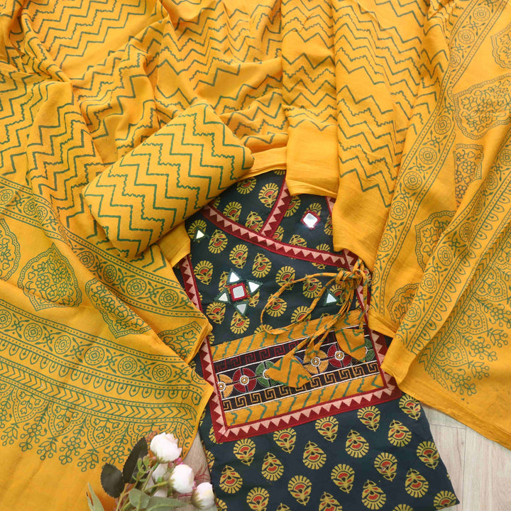 Sukhmani Dark Green Mirror Work Ajrak Printed Angrakha Cotton Suit Set