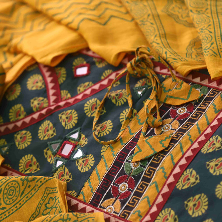 Sukhmani Dark Green Mirror Work Ajrak Printed Angrakha Cotton Suit Set