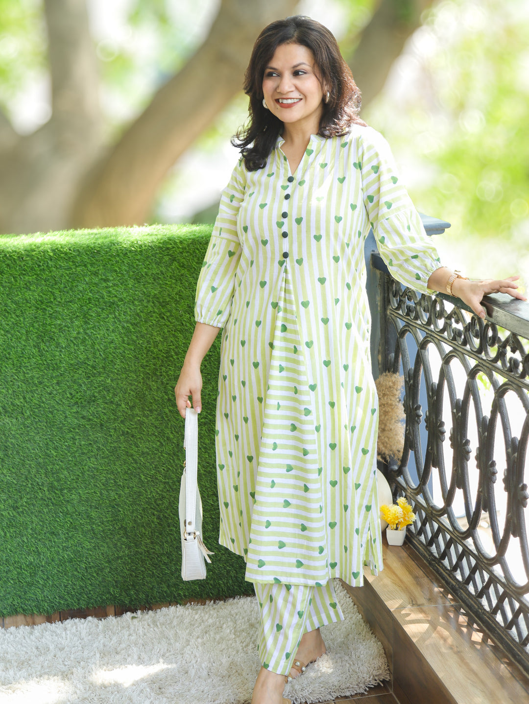 Nisya White with Green Hand-Block Stripe Printed Cotton Co-ord Set