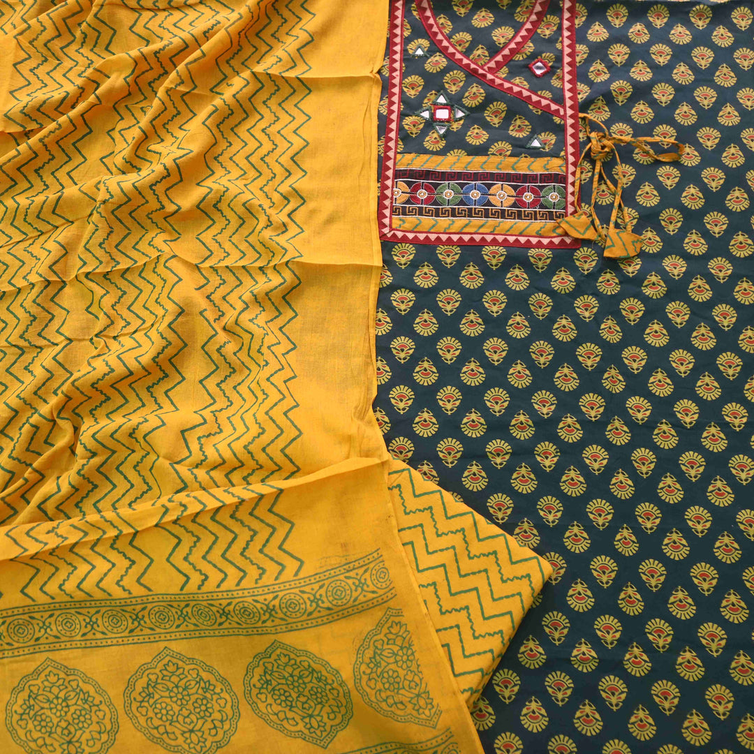Sukhmani Dark Green Mirror Work Ajrak Printed Angrakha Cotton Suit Set