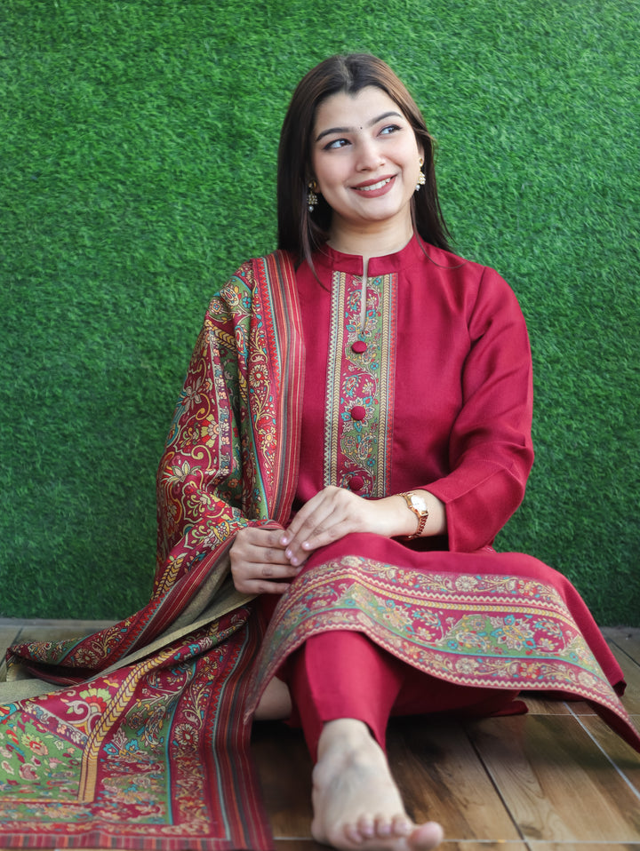 Aarushi Mahogany Wine Ban Collar Button Work Digital Print Winter Semi Pashmina 3 Piece Set