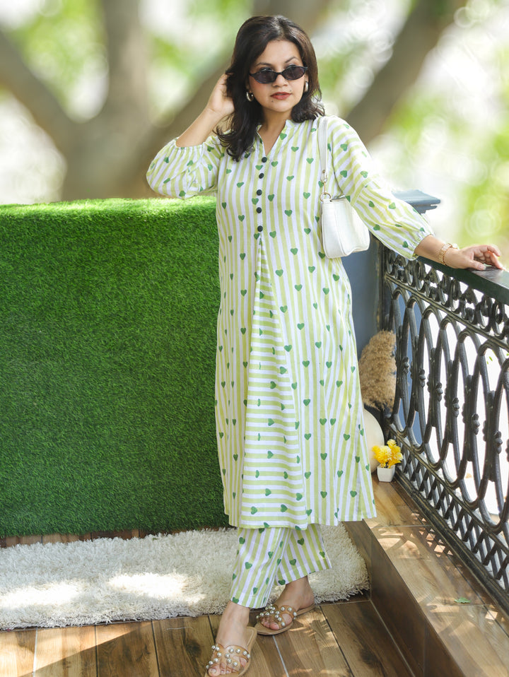 Nisya White with Green Hand-Block Stripe Printed Cotton Co-ord Set