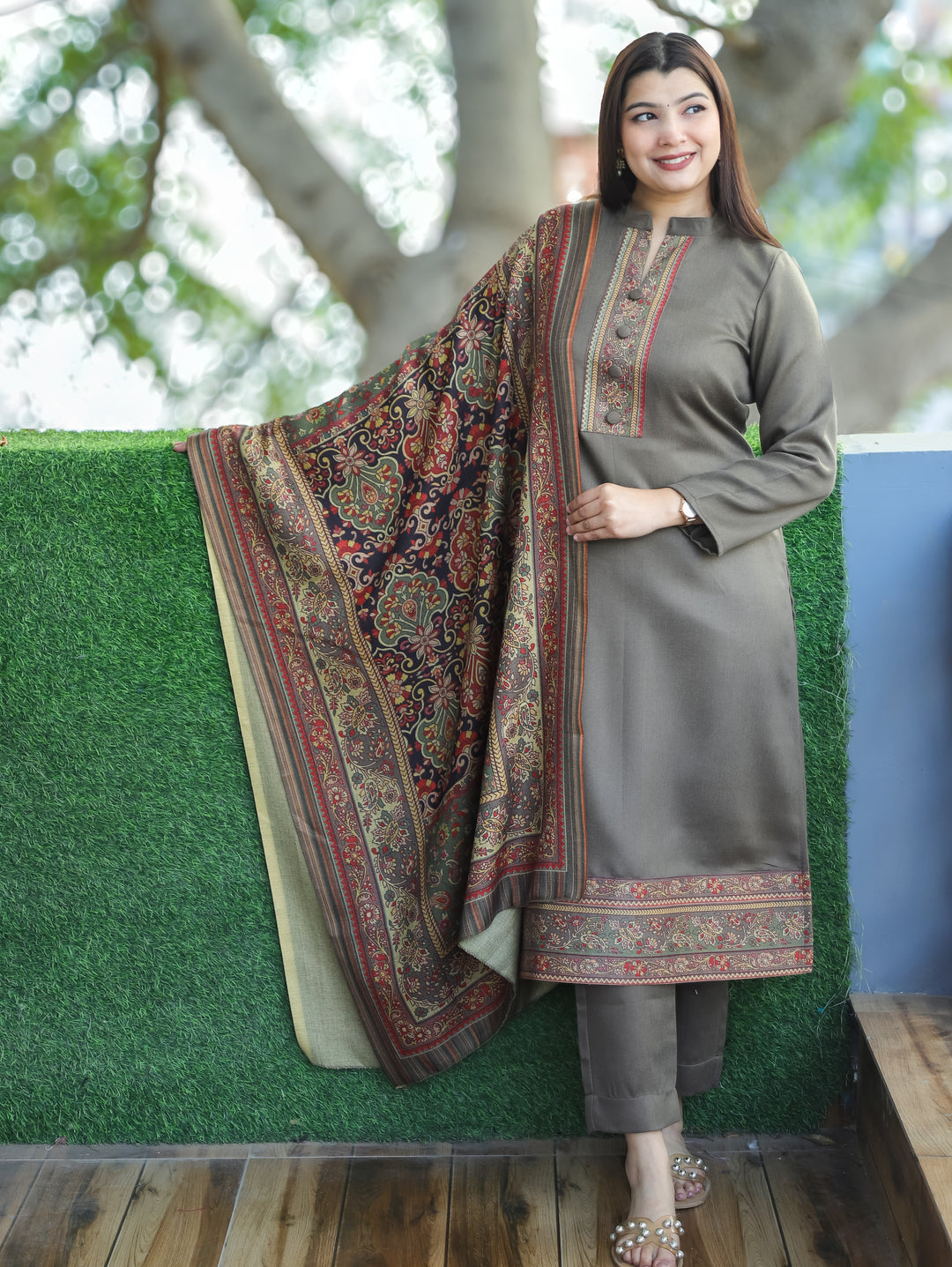 Aarushi Hazel Tan Ban Collar Button Work Digital Print Winter Semi Pashmina 3 Piece Set