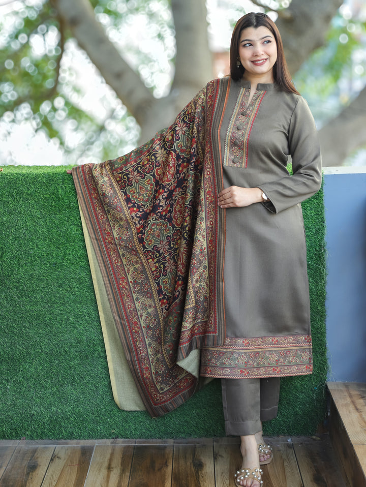 Aarushi Hazel Tan Ban Collar Button Work Digital Print Winter Semi Pashmina 3 Piece Set