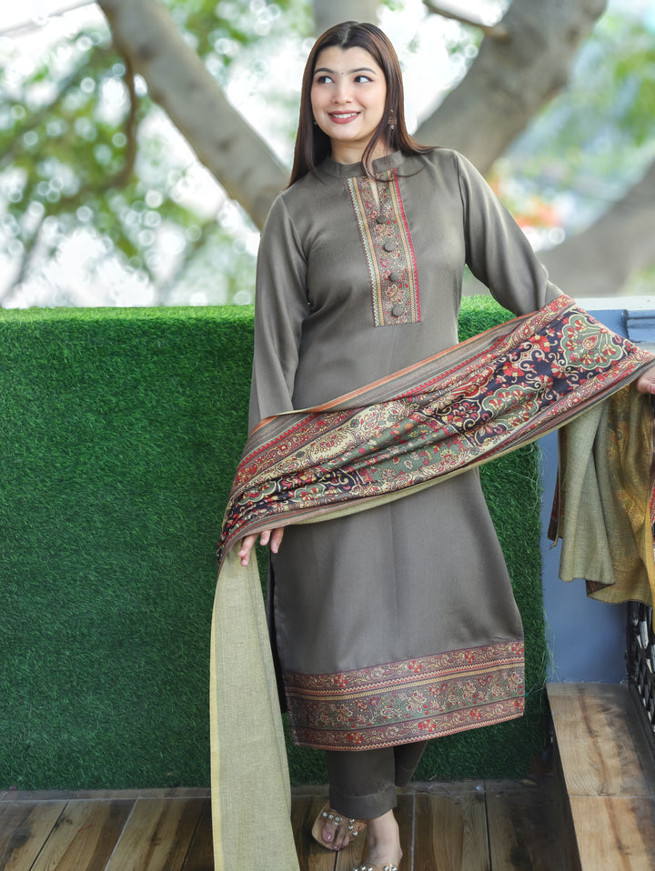 Aarushi Hazel Tan Ban Collar Button Work Digital Print Winter Semi Pashmina 3 Piece Set