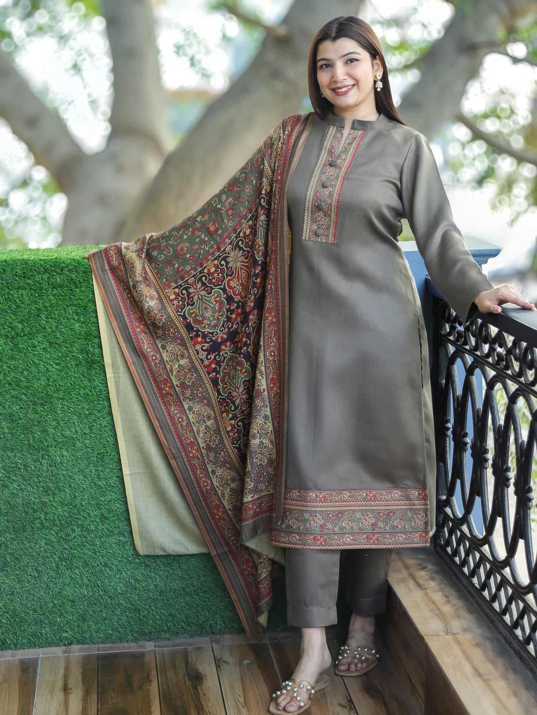 Aarushi Hazel Tan Ban Collar Button Work Digital Print Winter Semi Pashmina 3 Piece Set