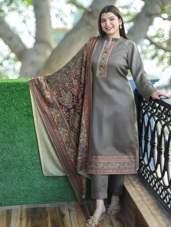 Aarushi Hazel Tan Ban Collar Button Work Digital Print Winter Semi Pashmina 3 Piece Set