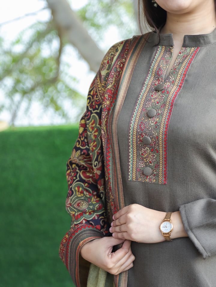 Aarushi Hazel Tan Ban Collar Button Work Digital Print Winter Semi Pashmina 3 Piece Set
