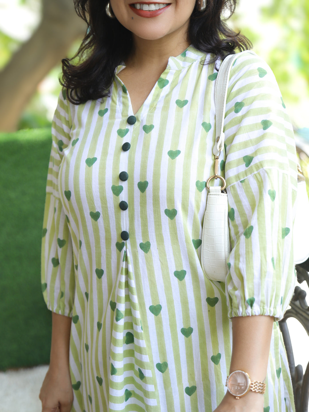 Nisya White with Green Hand-Block Stripe Printed Cotton Co-ord Set