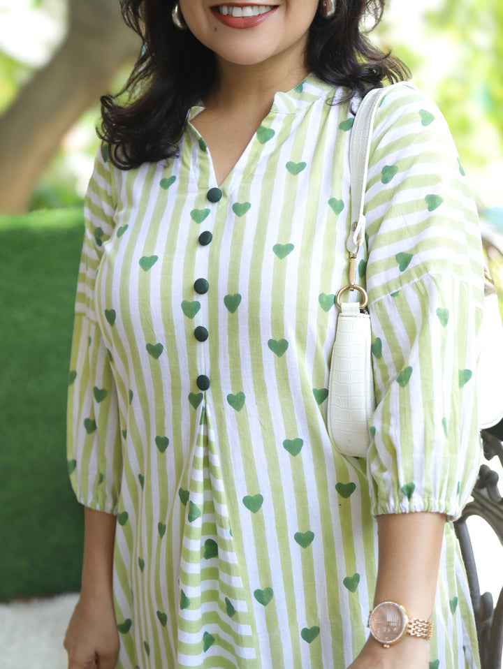 Nisya White with Green Hand-Block Stripe Printed Cotton Co-ord Set